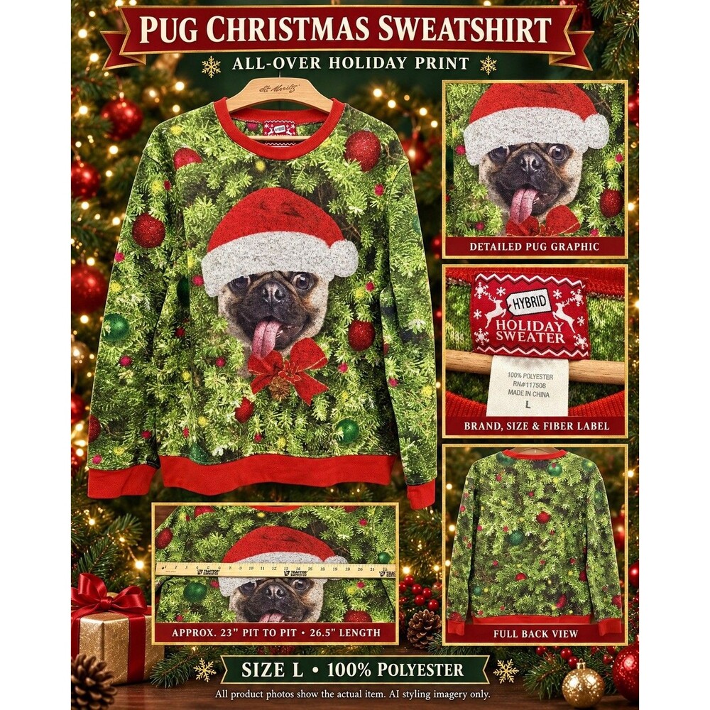 Pug Christmas Sweater Men Size S Sweatshirt Hybrid Santa Hat All Over Print Ugly
